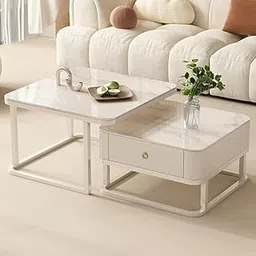 Modern Metal Frame Coffee Table Set of 2 | Square Nesting Stacking Center Table with Storage Drawer | Accent Table with Marble Faux for Living Room, Bedroom or Apartments (Whiteyy)-picture-30
