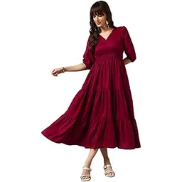 femvy Women's Floral Printed Maxi Gown | V-Neck, Puff Sleeves, A-Line Long Gown for Casual, Party 75(15)-picture-25