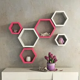 Set of 6 Rose Hexagon Wooden Floating Wall Shelves | Decorative Racks for Living Room, Office, and Home Décor-image-0