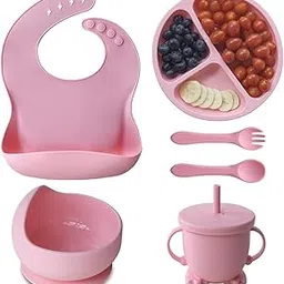 Calyrex Silicone Baby Feeding Set, BPA Free Baby Led Weaning Supplies Includes Baby Divided Suction Plate, Suction Bowls, Adjustable Bibs, Cup with Straw, Spoons, Forks Toddler Eating Set (Pink)-picture-68