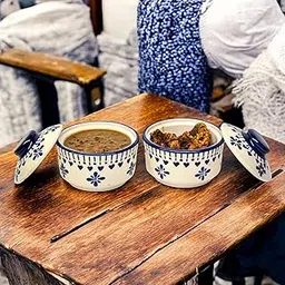 VOIDROP Blue Drape Multipurpose Ceramic Bowl with Lid Set of 2, 300 ML Serving Bowls with Lids | Bowl with Lid for Kitchen-picture-29