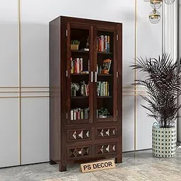 PS DECOR Wood Book Shelf for Home Library | Book Shelf with Glass Door | Kitchen Crockery Cabinet, Almirah, Home,Office Study Room Furniture Books Rack (Walnut Finish) image 1