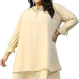 Women Plus Size Printed Round Neck with Tie-Up String & Smocking Detail Long Bell Sleeve Knee Length Dress-image-56