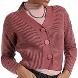Women's Solid Ribbed Cropped CardiganFor Casual Wear | V Neck | Long Sleeve | Wool Sweater Crafted with Comfort Fit for Everyday Wear-image-4