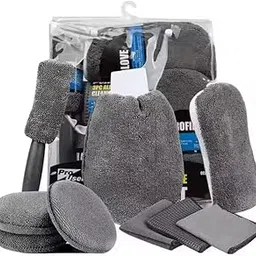 9 Pcs Car Cleaning Set Professional Car Care Cleaning Tool Kit with Microfiber Cleaning Cloths, Microfiber Pads, Microfiber Wash Mitt, 2 in 1 Microfiber Sponge, Microfiber Wheel Brush(Grey)-image-29