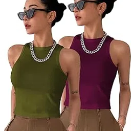 toochki Women's Knitted Sleeveless Solid Roundneck Ribbed Tank & Crop Tops (Pack of 2 (Two))-picture-28