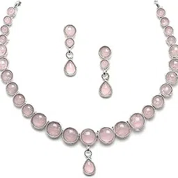 zeneme Oxidised Silver-Plated Round American Diamond Studded Necklace with Earrings Jewellery Set for Girls and Women-picture-16