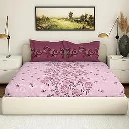 Spaces Atrium 100% Pure Cotton Queen Size Fitted Bedsheet for Queen Size Bed with 2 Pillow Covers | 144 TC Double Bedsheet with Ornate Print | Breathable & Super Soft (60" X 78" Inches) - Pink-image-30