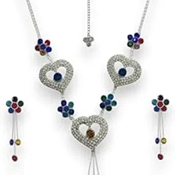 accessher Women's & Girls Silver-Tone Multicolour Heart Shaped Floral Choker Necklace Set with Earrings & Maangtikka, Jewellery Set for Weddings & Special Occasions-picture-40