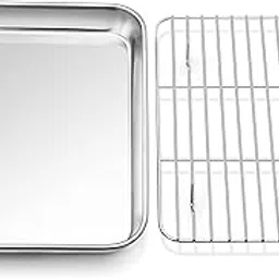 P&P CHEF Toaster Oven Tray and Rack Set, Stainless Steel Broiler Baking Pan with Cooling Rack, Rectangle 8''x10''x1'', Non Toxic & Dishwasher Safe image 1