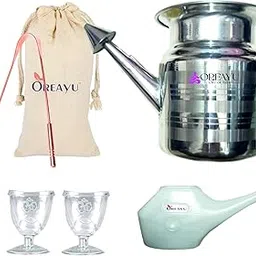 OREAYU ™ Yoga and Ayurveda Steel Jala Neti Pot for Sinus, Nose Irrigation and Cleaning (600 ml) Steel Neti, Eye Wash Cup, Copper Tongue Cleaner and Plastic Neti Pot (4 Combo)-picture-24