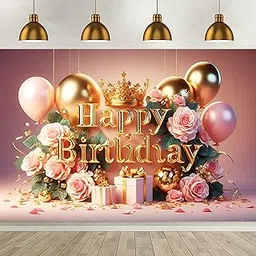 Happy Birthdday Printed Backdrop | Balloon & Floral Party Decoration | Royal Crown Theme Birthdday Banner | Photography Background for Girls' Birthdday, Shower & Event Décor (Backdop_97)-picture-26