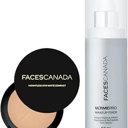 FACES CANADA Lightweight Matte Finish Combo - Weightless Stay Matte Compact Powder - Beige 03 (9 gm) + Ultime Pro Makeup Fixer (50 ml) | Long Lasting Makeup Setting Spray | Hides Imperfections | Flawless Finish image 1