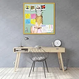 ArtzFolio Girl Holding Pineapple | Bulletin Board Notice Pin Board | Vision Soft Board Combo with Thumb Push Pins & Sticky Notes | Golden Frame | 16 x 16 inch (41 x 41 cms)-picture-41