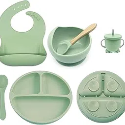 Kresal 6 Piece Silicone Baby Feeding Set, Suction Bowl & Plate, Bib, Spoon, Fork, Sippy Cup, BPA-Free, Non-Slip, Microwave Safe, Baby Dinner Set for 6+ Months, Toddler Essentials (Green)-image-79