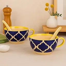 KITTENS Ceramic Soup Bowls with Spoons – Set of 2 (300 ml) – Blue Handcrafted Pattern – Microwave & Dishwasher Safe – Food Grade – Made in India – Christmas & New Year Gift-picture-20