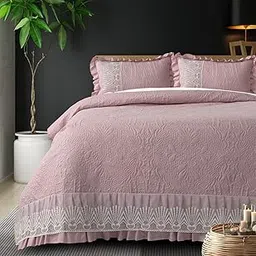 MARS HOME CENTER 3-Piece Quilted King Size Bedcover/Bedsheet Set with 3 Layer Frill, 2 Pillow Covers, Soft, Lightweight (72"x 78" Inches with 12" inches lace and Frill) (Oyster Pink)-image-3