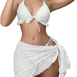 luxzii - a touch of luxury LUXZII Sexy Beach Bikini Set for Women, Women's 3-Piece Crochet Bikini Set with Halter Ruffle Top and Side Tie Cover-Up Skirt – Sexy Swimsuit Beachwear for Summer, Pool, Vacation-picture-17