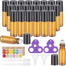 Easytle 24 Pack Amber Glass Roller Bottles 5ml, Includes Accessories (96 Pieces Labels, 4 Funnels, 4 Dropper, 2 Opener) - Essential Oil Application, Aromatherapy during Sports and Yoga Activities-picture-13