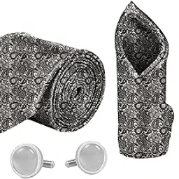 blacksmith Grey Paisley Printed Tie and Pocket Square Set for Men with Natural Stone Cufflink and Matching Flower Lapel Pin-picture-16