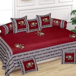 ManavRachit Cotton Gold Foil Print 210 TC Diwan Set of 8pc (88X60 Inch Bedsheet, 16x16inch 2 Cushion Covers, 15x31 inch 5 Bolster Covers) for Home, and Living Room (Patch_Work_HATHI_Maroon)-picture-57