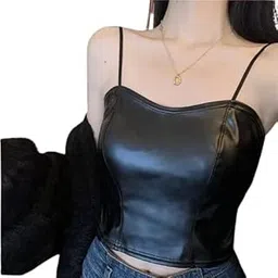 brachy Women’s Padded Bra with Removable Pads Pu Shirred Back Leather Crop Cami Regular Fit Top-picture-30