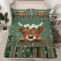 Erosebridal Farmhouse Highland Cow Full Bedding Sets for Boys Kids Toddler Rustic Funny Animal Fitted Sheet, Cute Brown Cattle Cow Floral Flowers Decorations Bed Sheets 3 Pieces-picture-12