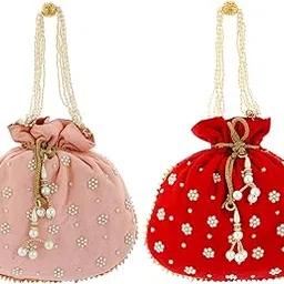 Heart Home Ethnic Clutch Silk 2 Pieces Potli Batwa Pouch Bag with Beadwork Gift for Women (Peach & Red) - (CTHH013660)-picture-11