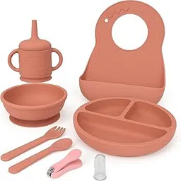 Trustora Silicone Baby Feeding Set | BPA-Free, Food-Grade | Suction Plate | Bowl | Spoon & Fork | Sippy Cup with Straw | Waterproof Bib | Finger Toothbrush | Baby-Safe Nail Clipper | Pink | Set of 8-picture-10