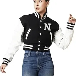Cotton Blend A to Z Letter Embroidery Stylish Long sleeve Letterman Black Crop Varsity Jacket-image-82