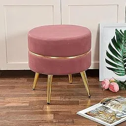 Luxury Round Ottoman Stool | Soft Velvet Pouffe with Gold Metal Legs | Modern Living Room Decor | 16 Inch-image-7