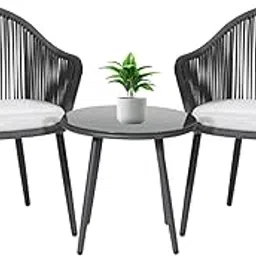 THESHELTERS Modern 3-Piece Outdoor Rope Furniture Set – Patio Seating Set with 2 Chairs & 1 Table, Stylish Balcony Coffee Table Set for Garden, Porch, and Backyard (Dark Grey)-picture-45
