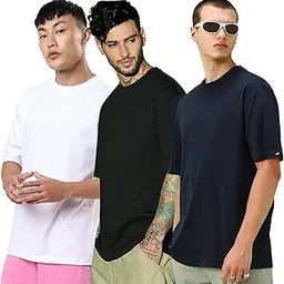 bewakoof Men's Solid Oversized Fit Half Sleeve Round Neck Cotton T-Shirt (Pack of 3)-picture-26