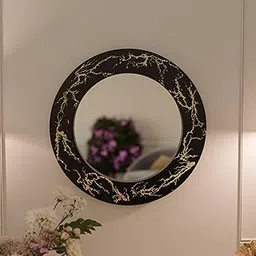 Round Wooden Mirror Frame | 20 Inch Luxury Black Wall Mirror with Gold Crackle Design | Large Decorative Mirror for Living Room, Bedroom, Bathroom, Closet Home Decor-image-36