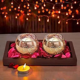 Tied Ribbons Pack of 2 Silver Turkish Mosaic Glass Votive Tealight Candle Holders with Wooden Tray and Potpourri - Decorations Items for Home Decor - Gifts Item-picture-20
