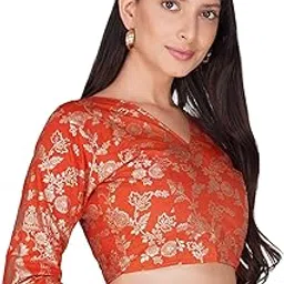 fressia fabrics Women's Dola Silk Banarsi V Neck Readymade Saree Blouse-picture-15