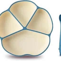 CUBKINS Silicone Suction Plate with Early Feeding Bendable Spoon for Feeding Babies | BPA Free, Washable and Reusable Feeding Plate with 4 Compartments (Blue Olive)-picture-13