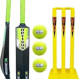 Optimus® Cricket Kit Combo Set - 1 Plastic Bat 4 No. - 5 to 6 Yrs Age, 3 Cricket Tennis Ball, 24 Inch Plastic Stump Set 3 Pcs 2 Bails with Base - Yellow Alpha B image 1