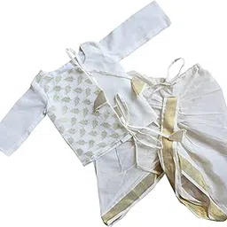 Picksparrow Baby Boy Kerala Kasavu Jhabla-Dhoti Pants/Ethnicwear/Clothing Set (0-3 Months, Chanderi-Offwhite), Solid-picture-40