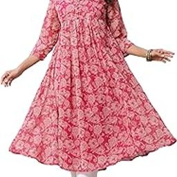 janasya Women's Dark Pink Chiffon Lurex Floral Printed Flared Kurta-picture-13