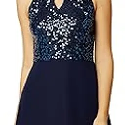 miss chase Women's Round Neck Sleeveless Solid Sequin Flowy Knee-Long Georgette Skater Dress-picture-46
