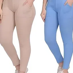 Women's High-Waisted Cotton Blend Leggings, Skin Color and Denim Blue, Slim Fit, Ankle Length with Side Pockets, 75cm Waist, for Yoga and Casual Wear-image-75