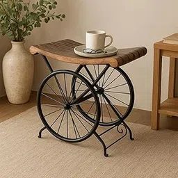 WOODENCE Metal & Wood Round Coffee Table Living Room, Seating Stool, Bed Side Table for Bedroom, End Table, Iron Frame, Antique Black (Wheel Stool)-picture-35