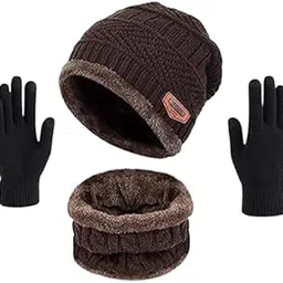 Winter Knit Beanie Cap Hat Neck Warmer Scarf and Woolen Gloves Set Skull Cap for Men Women/Winter Cap for Men (3 Piece Brown)-image-55