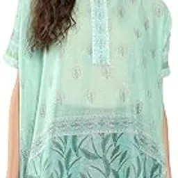 yufta Printed Mandarin Collar Ethnic Chanderi Cotton Kaftan Longline Top_(1410TOPGR_)-picture-17