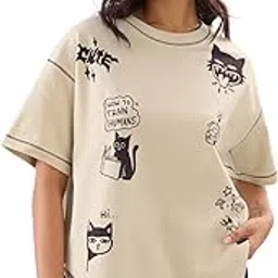 Ted The Stoner: Cat Displaced Women and Girls Short Sleeves Round Neck Brown Graphic Printed Cotton Oversized T-Shirts-image-44