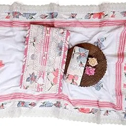 shebit's Floral Cotton Dress Material, White with Pink Stripes and Lace Border, Traditional Design-picture-40