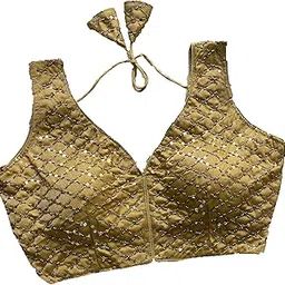 pujia mills Women's Silk Sequins Bead Embroidery Work V Neck Sleeveless Readymade Saree Blouse-picture-21