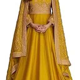 Girl's Fashion Hub's Yellow Color Anarkali Gown with Dupatta for Women, Chinnon Fabric || Anarkali Gown || Designer Gown || Women's Gown || Ethnic Wear Gown-picture-30