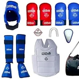 Kai Approved Goodwin Karate Safety Kit - Pack of - Head Guard, Chest Guard, Shin Guard, Hand Gloves, Belts and Skipping Rope (Red and Blue, Medium)-image-54